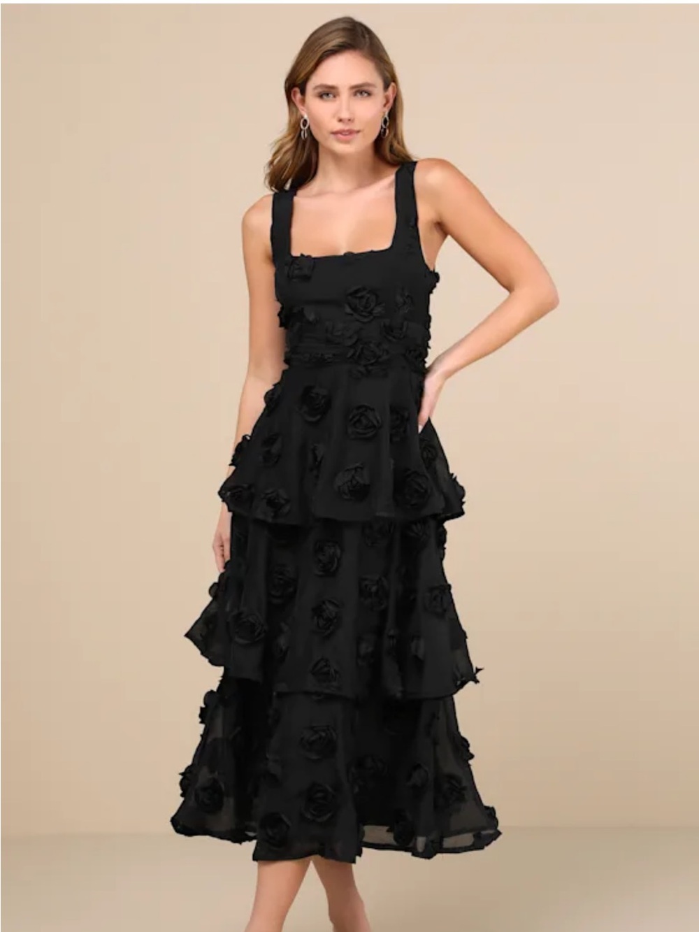 Black Tiered Floral Appliqué Midi Dress
